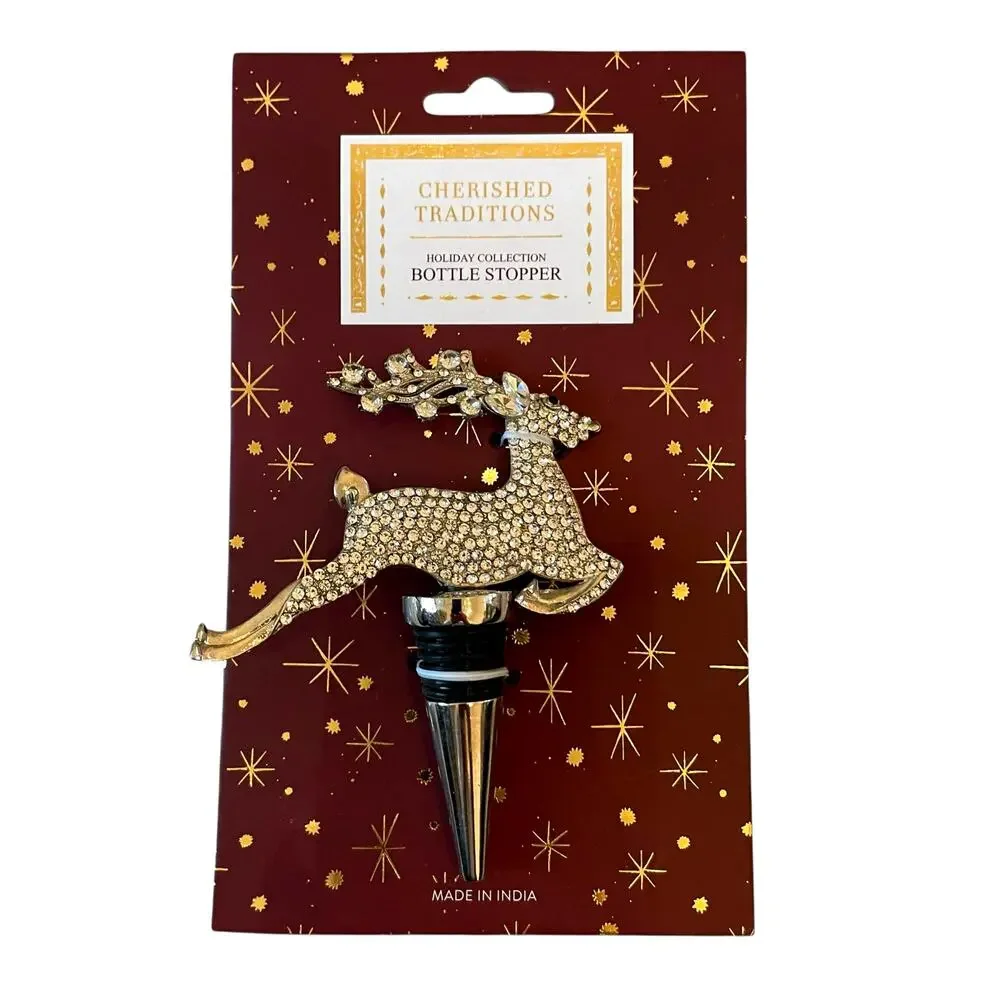 Gold Rhinestone Reindeer Bottle Stopper Holiday Barware New